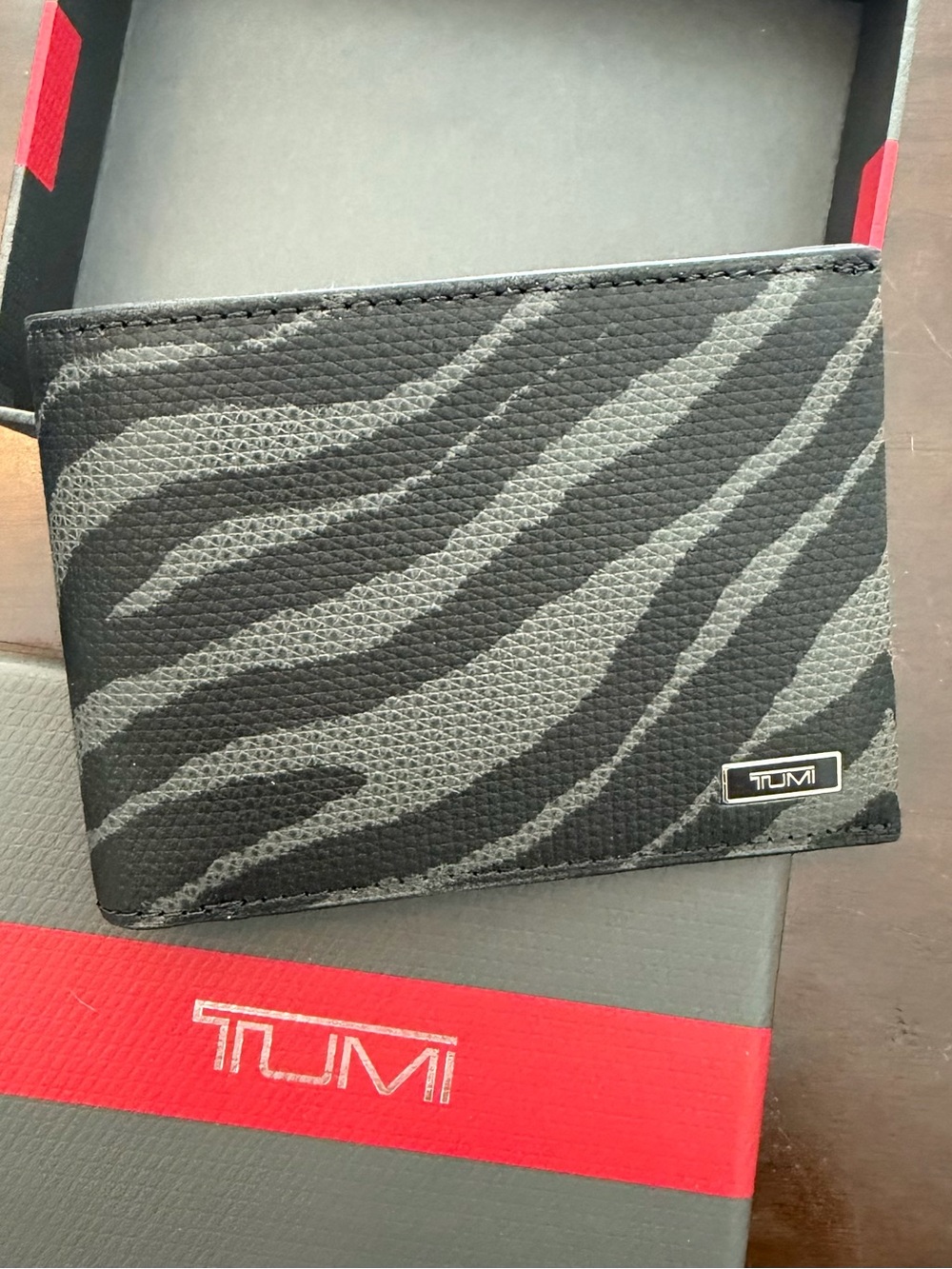 Tumi Monaco Leather SLG Black & Gray Zebra (Tiger) Pattern Bi-Fold Wallet NIB